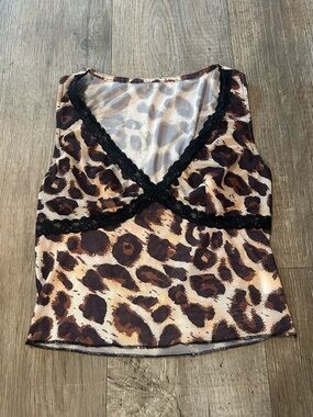 Leopard Print Mesh V-Neck Tank Top with Black Lace Trim. Size: S
